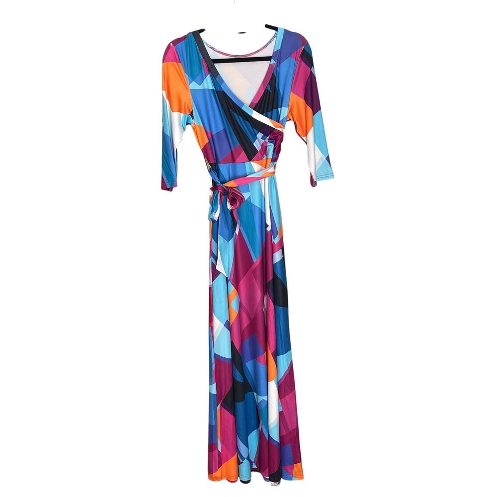 Womens Medium Geometric Maxi Dress Colorblock Faux Wrap Belted Stretch NWOT